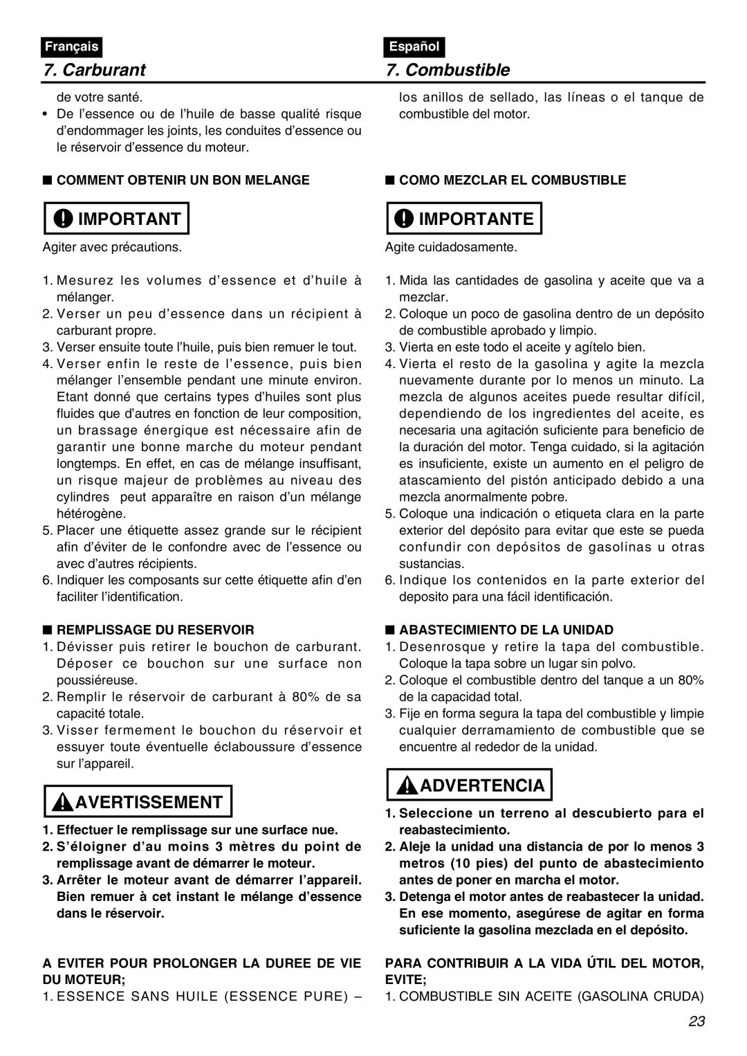 Zenoah HEZ2602S manual Comment Obtenir UN BON Melange Como Mezclar EL Combustible, Remplissage DU Reservoir 