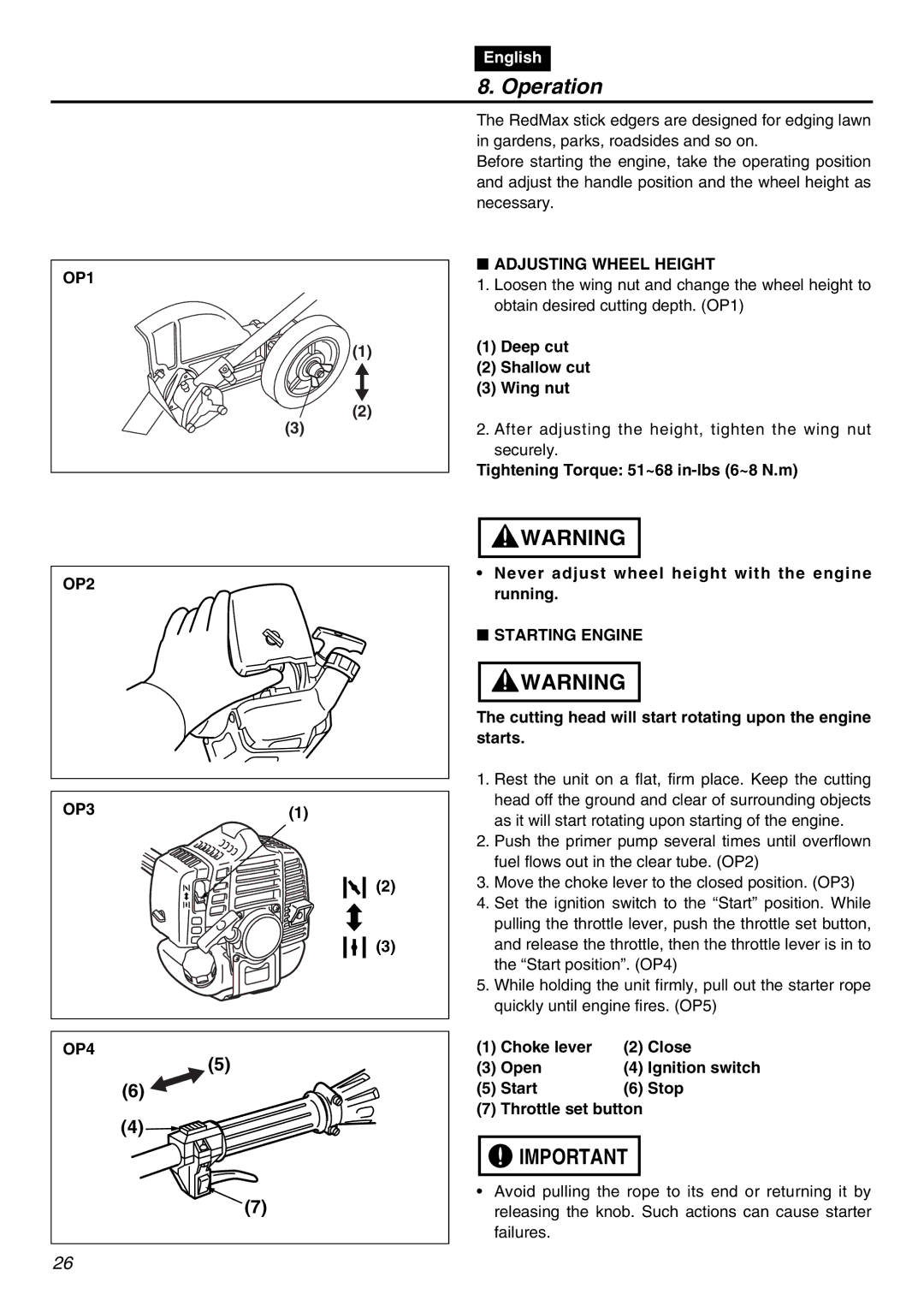 Zenoah HEZ2602S manual Operation, OP1, Adjusting Wheel Height, OP2 OP3 OP4, Starting Engine 