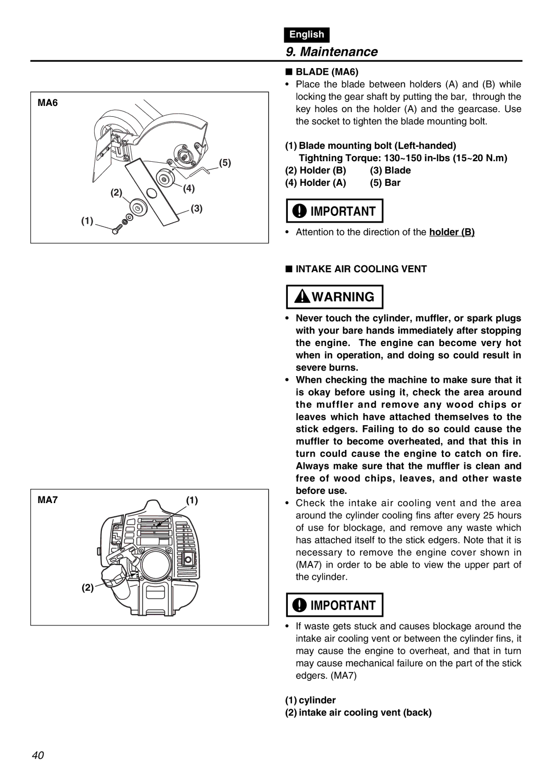 Zenoah HEZ2602S manual MA6 Blade MA6, Intake AIR Cooling Vent MA7, Cylinder Intake air cooling vent back 