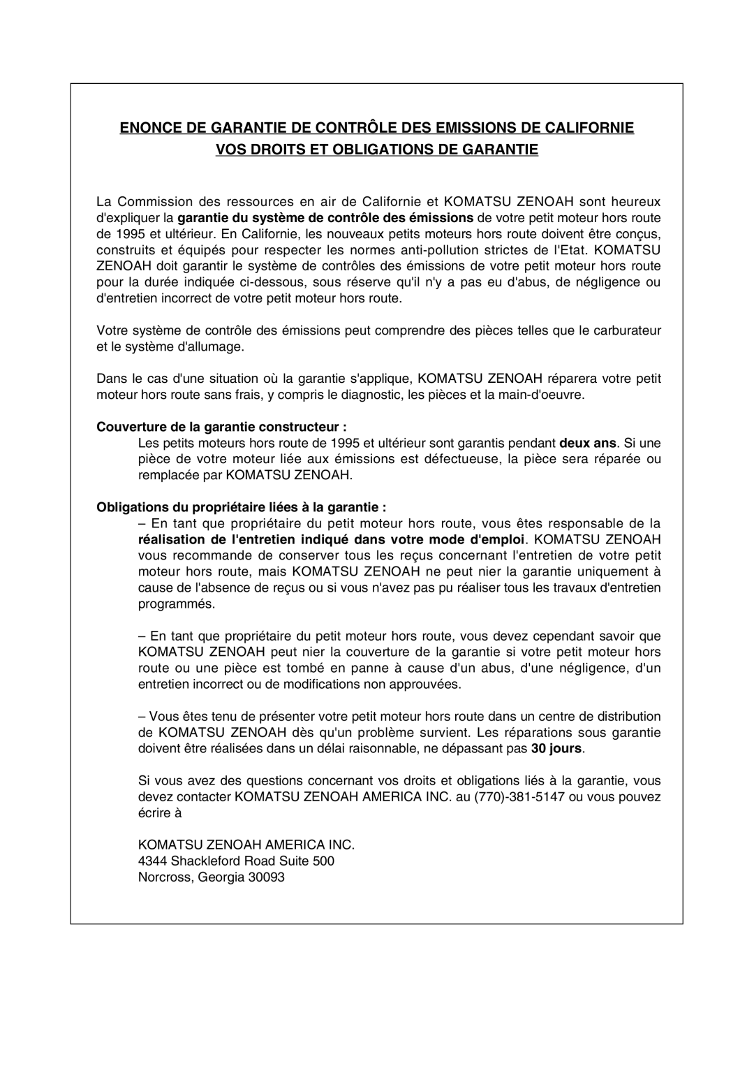 Zenoah HEZ2602S manual Couverture de la garantie constructeur, Obligations du propriétaire liées à la garantie 