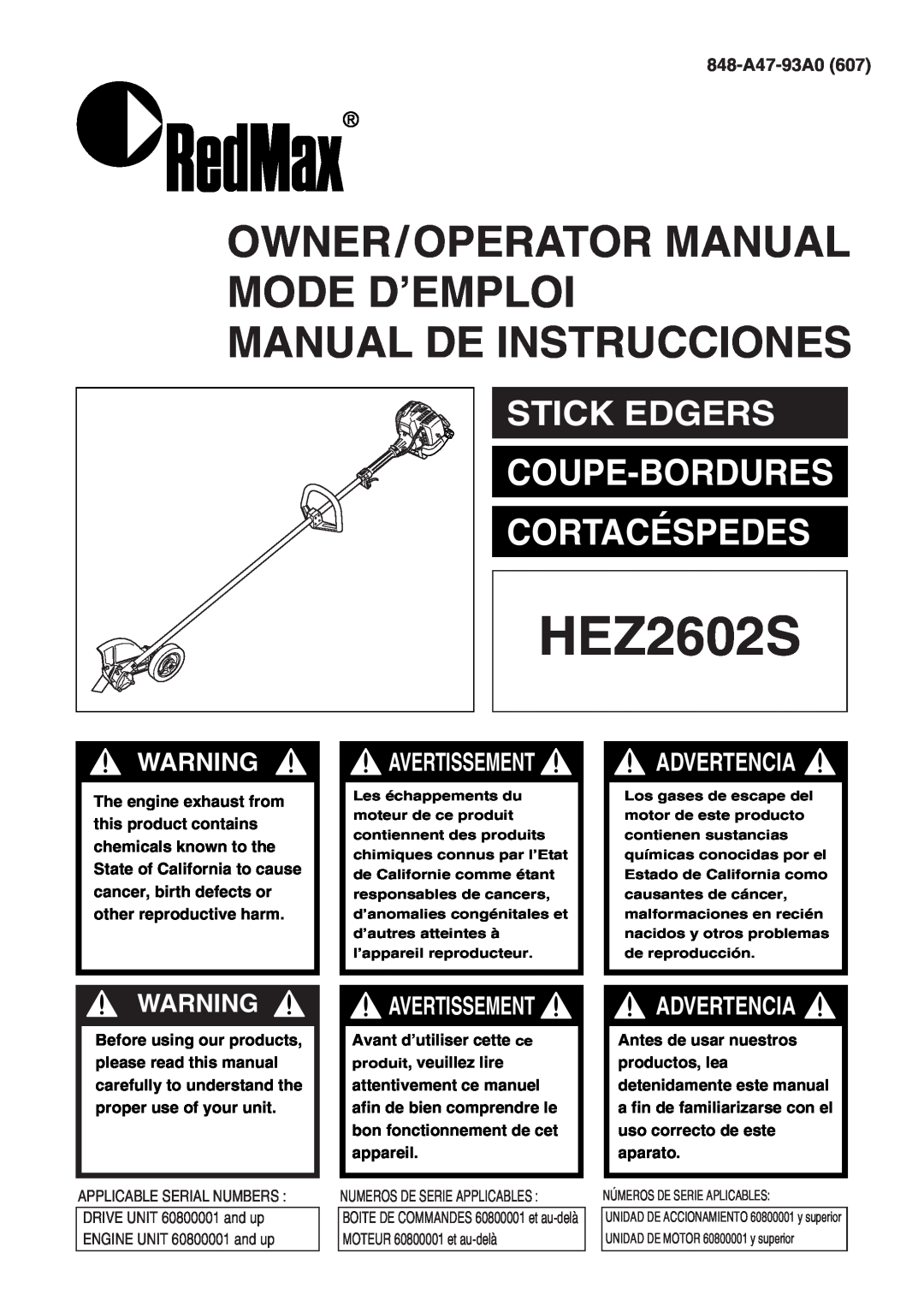 Zenoah HEZ2602S manual Coupe-Bordures Cortacéspedes, Stick Edgers, 848-A47-93A0, Advertencia, Avertissement 