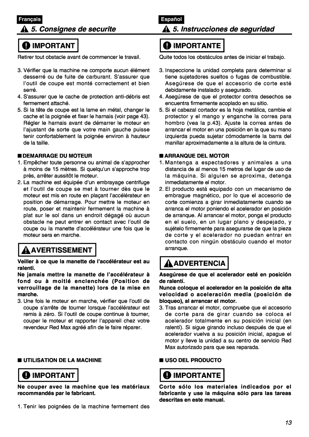 Zenoah HEZ2602S manual Consignes de securite, Instrucciones de seguridad, Avertissement, Importante, Advertencia, Français 