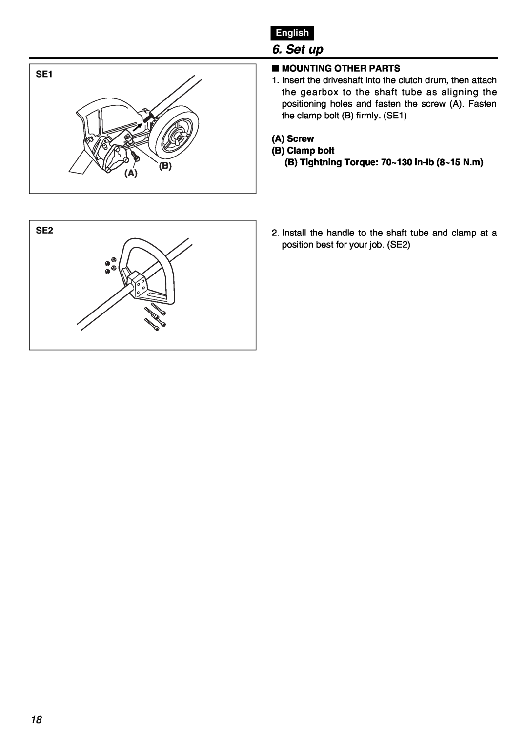 Zenoah HEZ2602S manual Set up, English, SE1 B A, Mounting Other Parts 