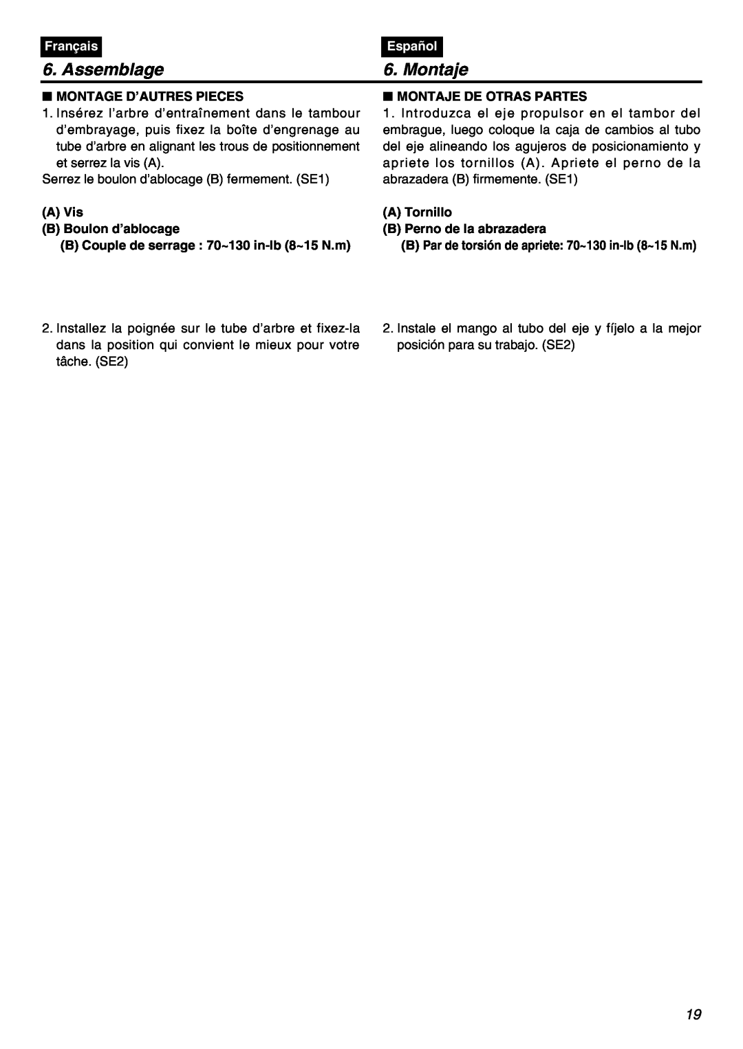 Zenoah HEZ2602S manual Assemblage, Montage D’Autres Pieces, Montaje De Otras Partes, Français, Español 