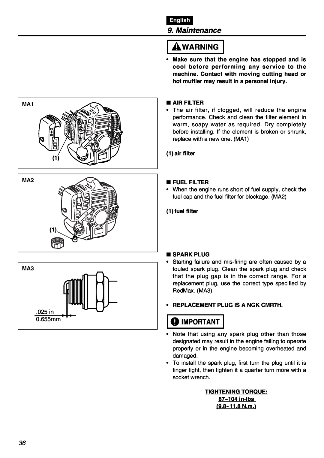 Zenoah HEZ2602S manual 025 in 0.655mm, Maintenance, English, Air Filter, air filter FUEL FILTER, fuel filter SPARK PLUG 