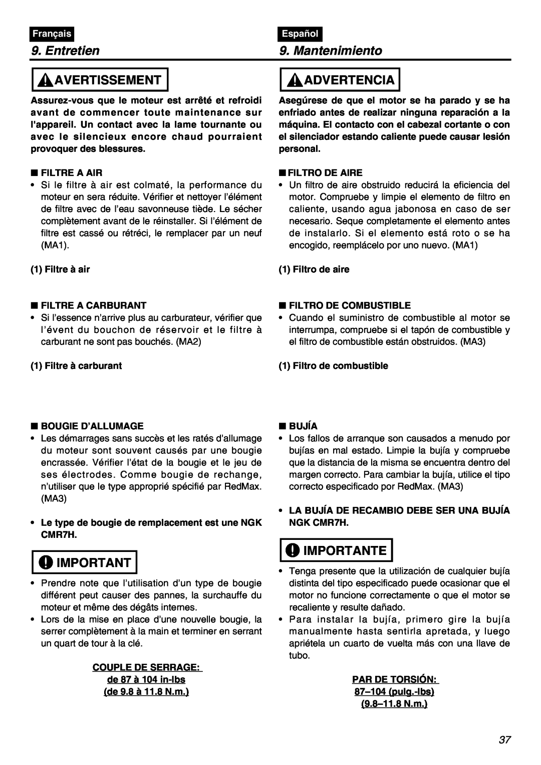 Zenoah HEZ2602S manual Entretien, Mantenimiento, Avertissement, Advertencia, Importante, Français, Español 