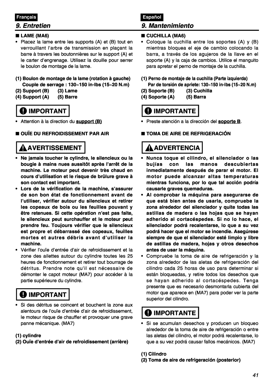 Zenoah HEZ2602S manual LAME MA6, CUCHILLA MA6, Entretien, Mantenimiento, Avertissement, Importante, Advertencia, Français 