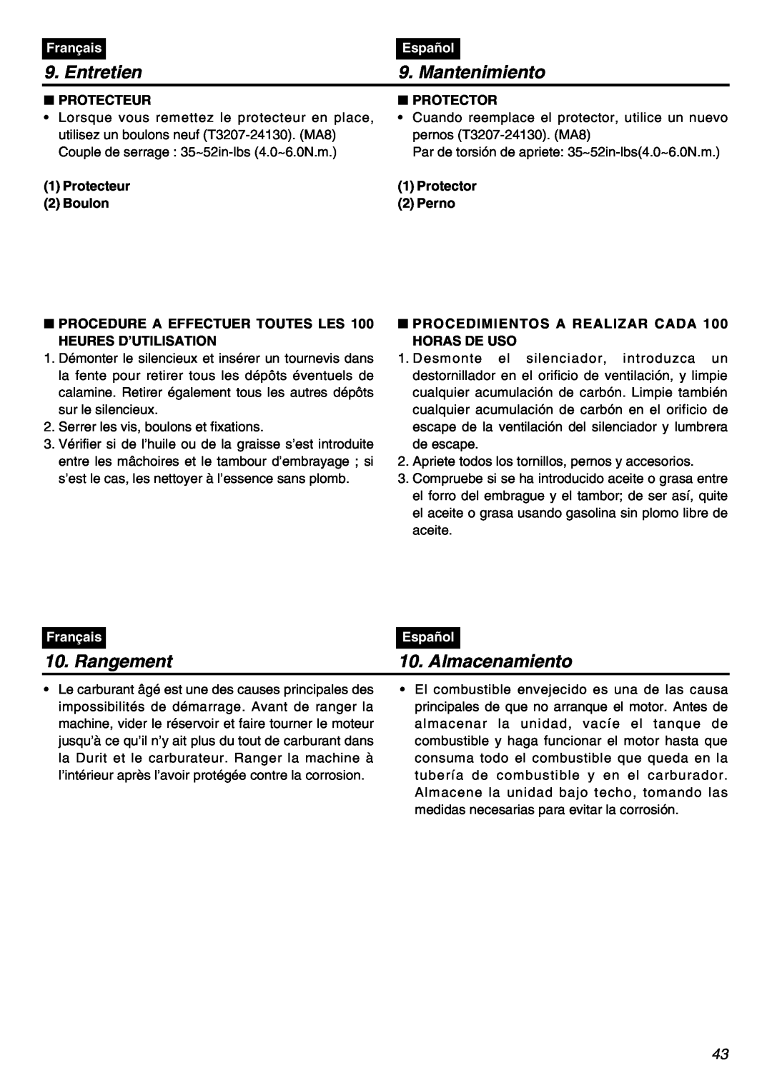 Zenoah HEZ2602S manual Entretien, Rangement, Almacenamiento, Mantenimiento, Français, Español 