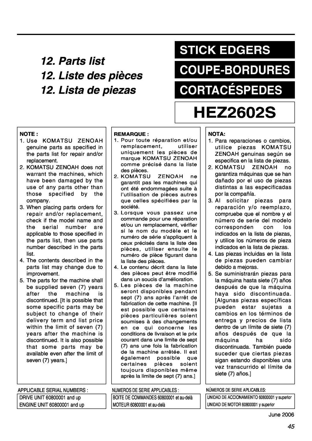 Zenoah HEZ2602S manual Parts list 12. Liste des pièces 12. Lista de piezas, Coupe-Bordures Cortacéspedes, Stick Edgers 