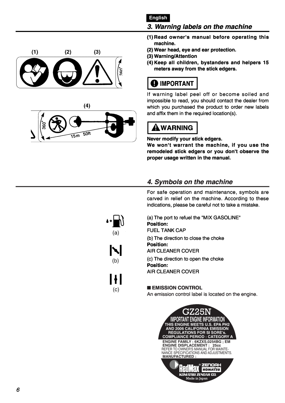 Zenoah HEZ2602S manual Warning labels on the machine, Symbols on the machine, Important Engine Information, English 