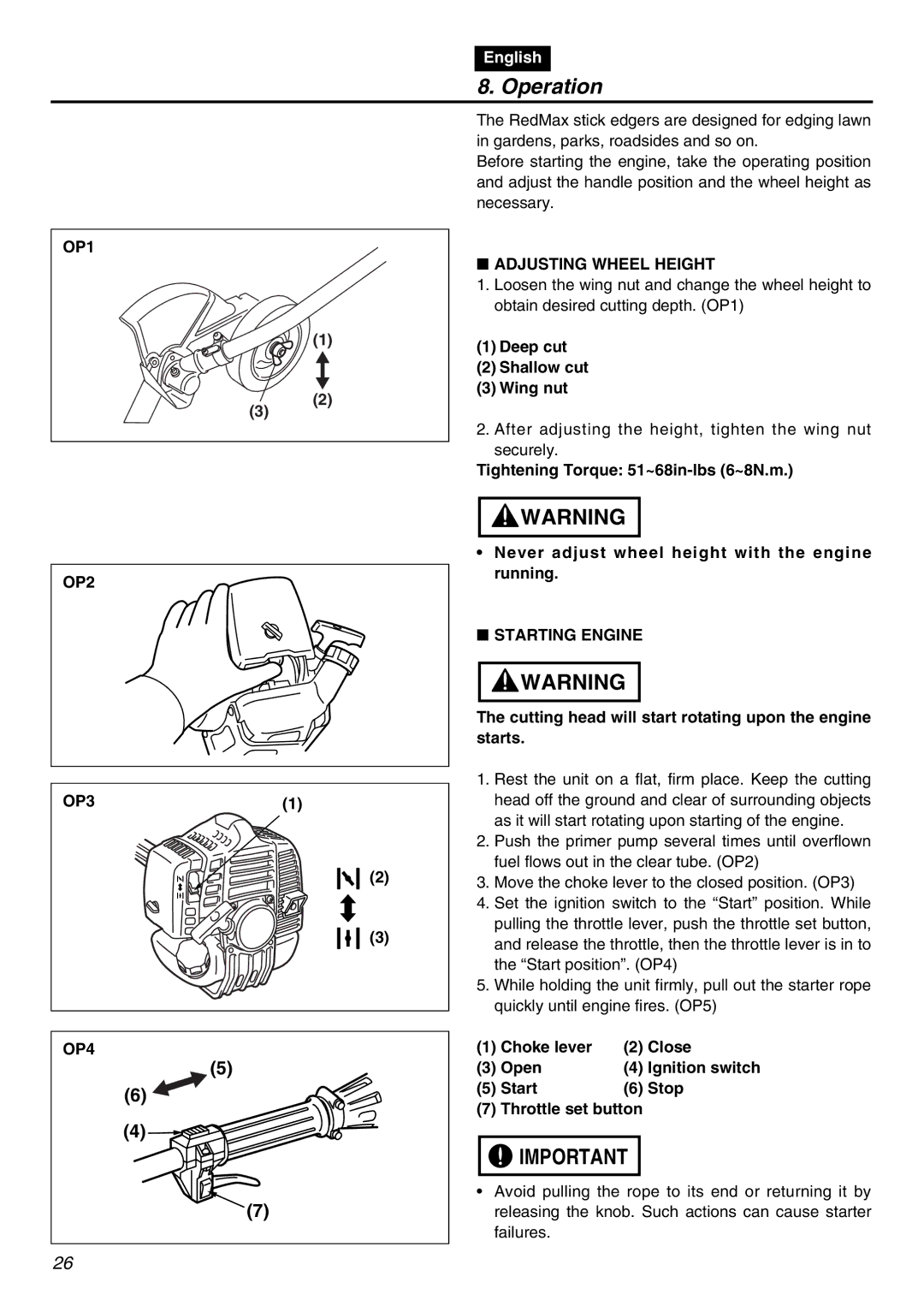 Zenoah HEZ2610F-CA manual Operation, OP1, Adjusting Wheel Height, OP2 OP3 OP4, Starting Engine 