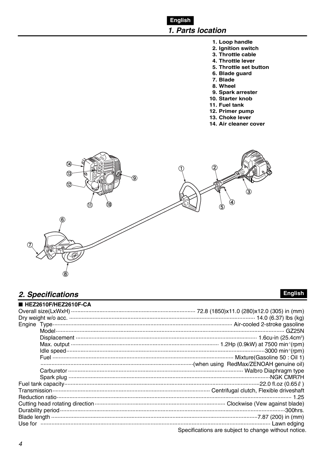 Zenoah manual Parts location, Specifications, HEZ2610F/HEZ2610F-CA 