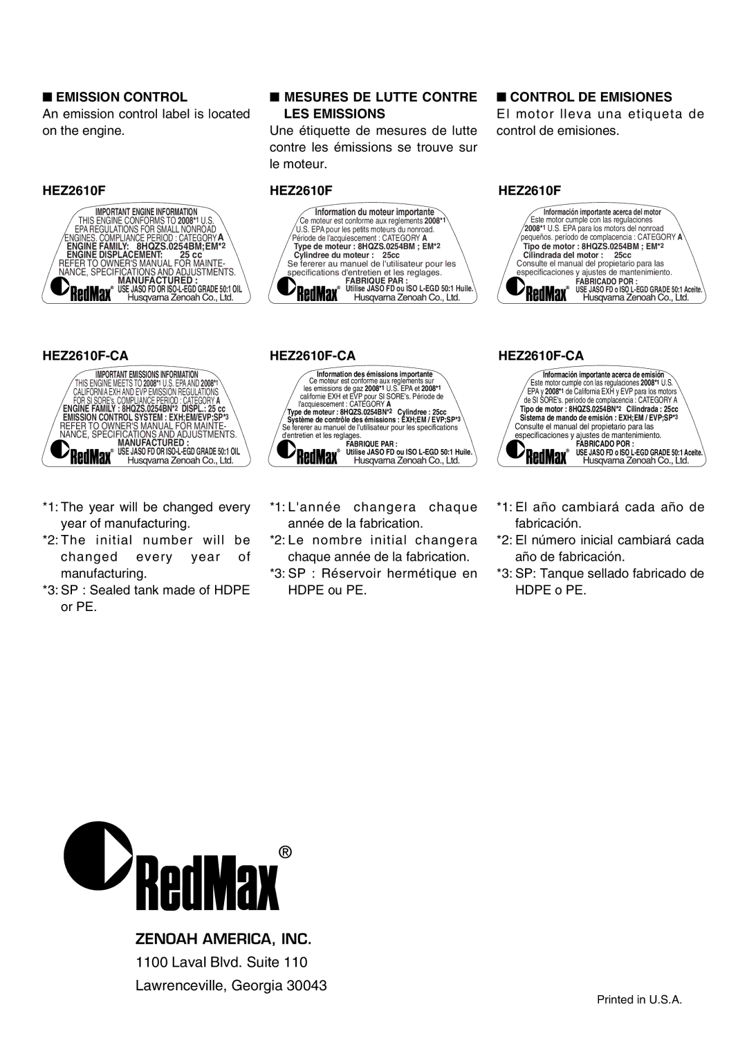 Zenoah manual Emission Control, Mesures DE Lutte Contre LES Emissions, Control DE Emisiones, HEZ2610F-CA 