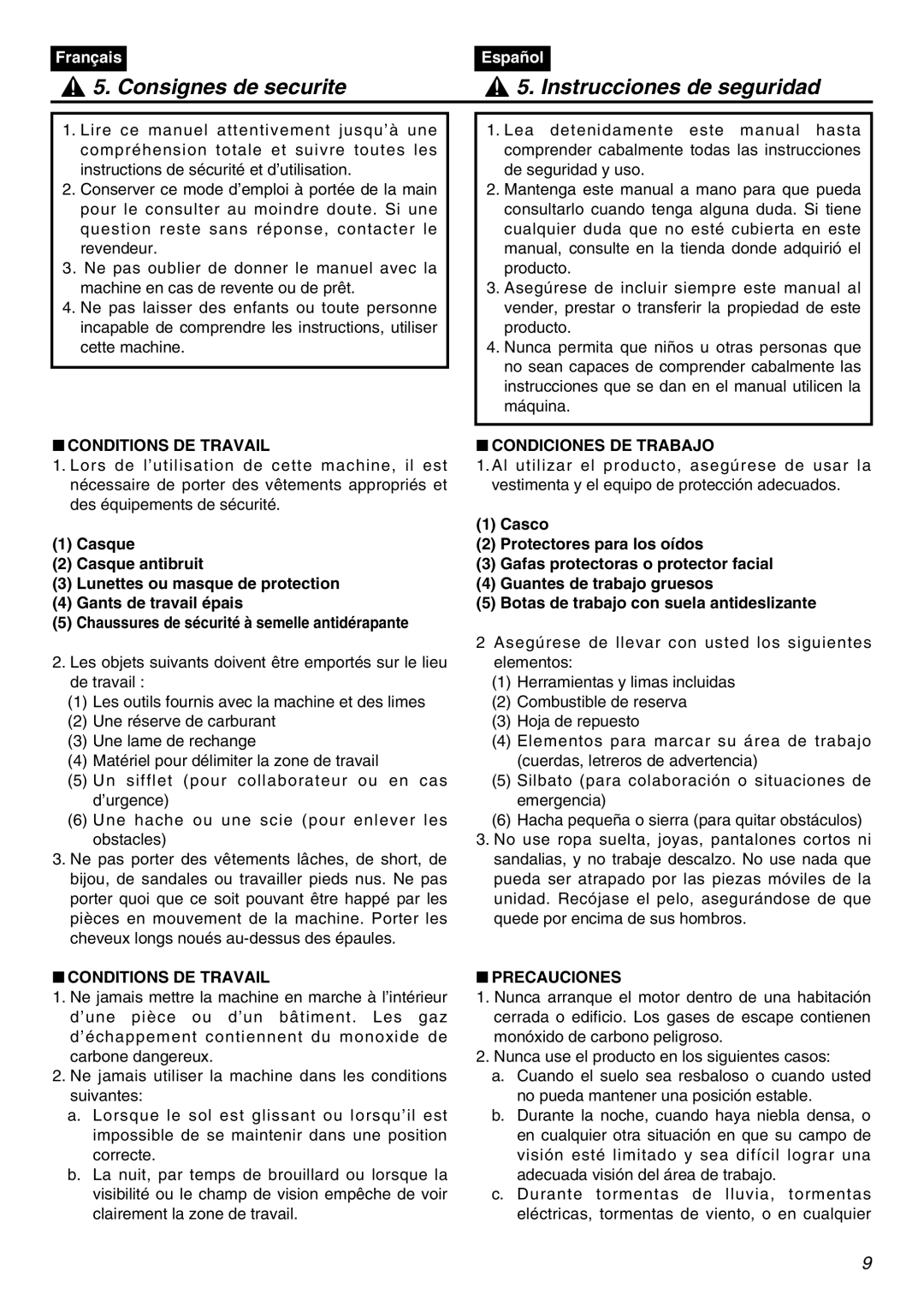 Zenoah HEZ2610F-CA manual Consignes de securite Instrucciones de seguridad, Conditions DE Travail, Condiciones DE Trabajo 