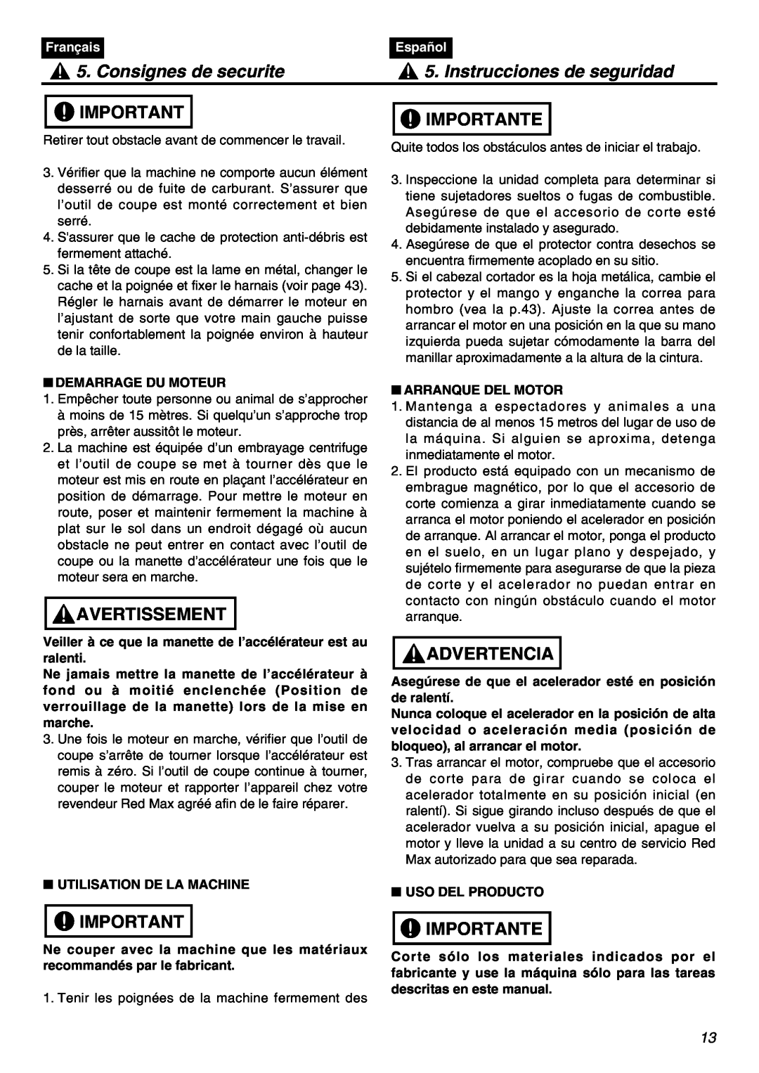 Zenoah HEZ2610F-CA Consignes de securite, Instrucciones de seguridad, Avertissement, Importante, Advertencia, Français 