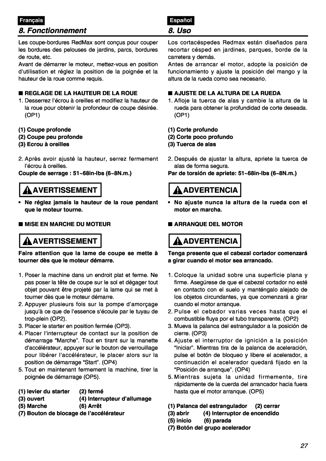 Zenoah HEZ2610F-CA manual Fonctionnement, Uso, Avertissement, Advertencia, Français, Español 