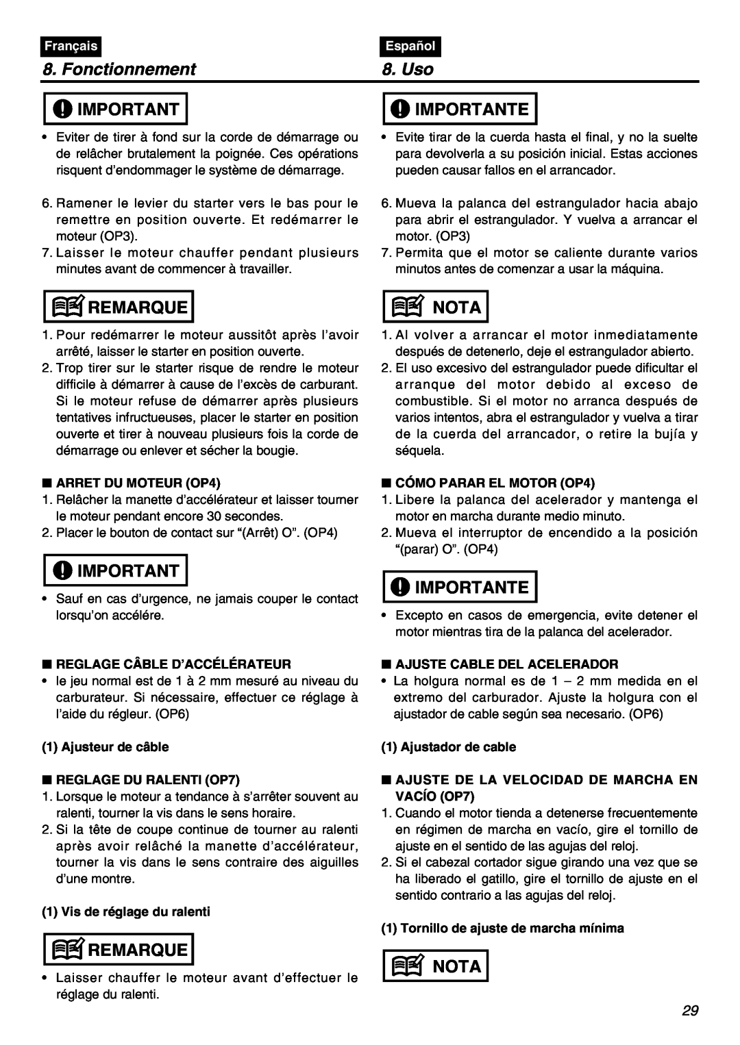 Zenoah HEZ2610F-CA manual Fonctionnement, Uso, Importante, Remarque, Nota, Français, Español 