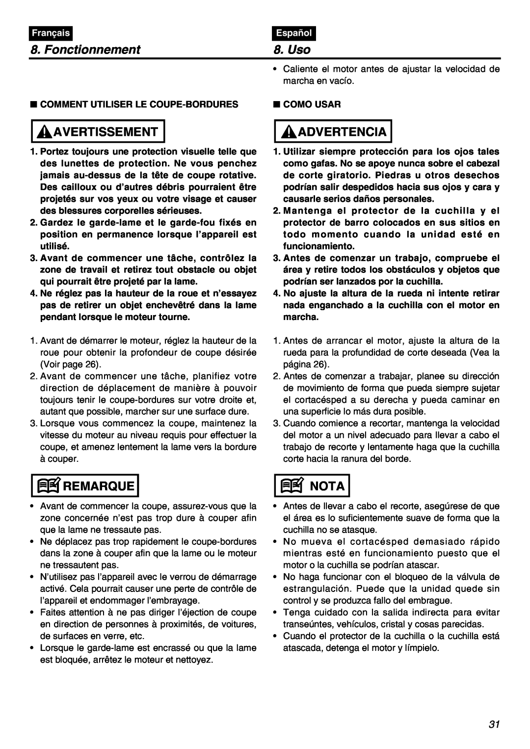 Zenoah HEZ2610F-CA manual Fonctionnement, Uso, Avertissement, Advertencia, Remarque, Nota, Français, Español 