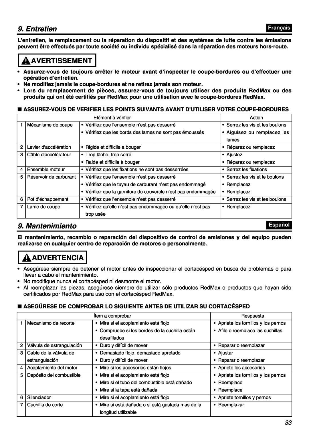 Zenoah HEZ2610F-CA manual Entretien, Mantenimiento, Avertissement, Advertencia, Français, Español 