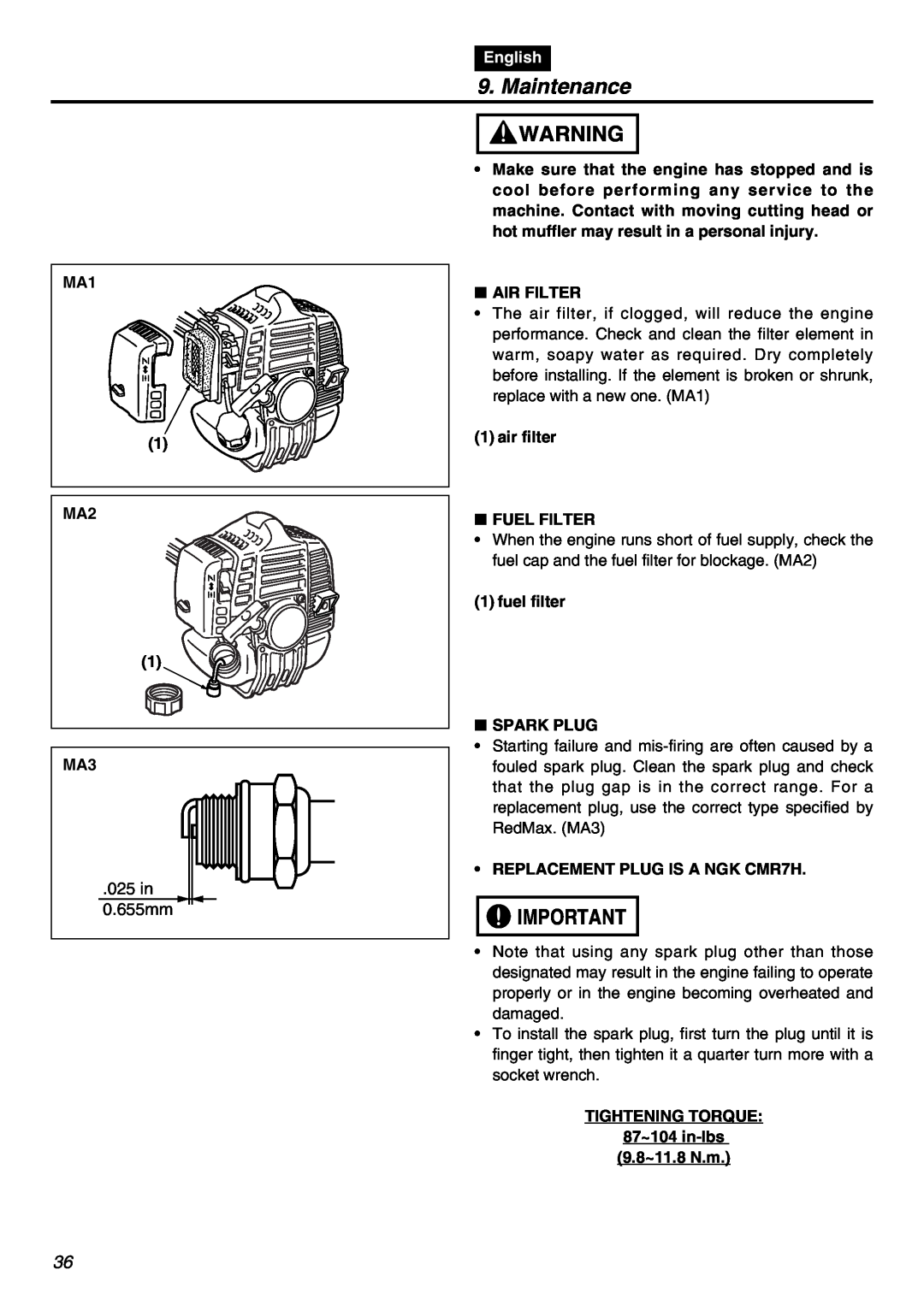 Zenoah HEZ2610F manual 025 in 0.655mm, Maintenance, English, Air Filter, air filter FUEL FILTER, fuel filter SPARK PLUG 