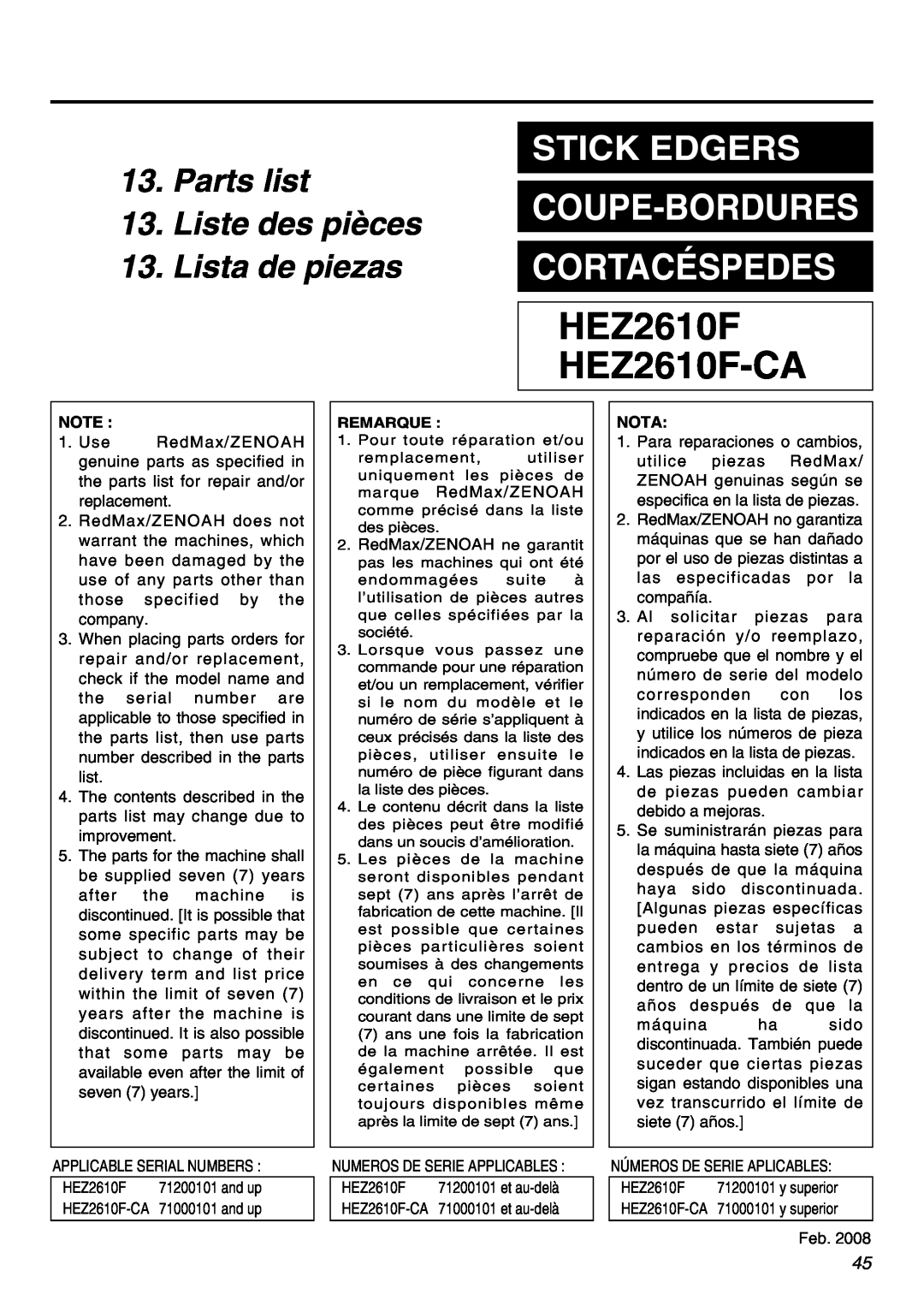 Zenoah manual Parts list 13. Liste des pièces 13. Lista de piezas, HEZ2610F HEZ2610F-CA, Coupe-Bordures Cortacéspedes 