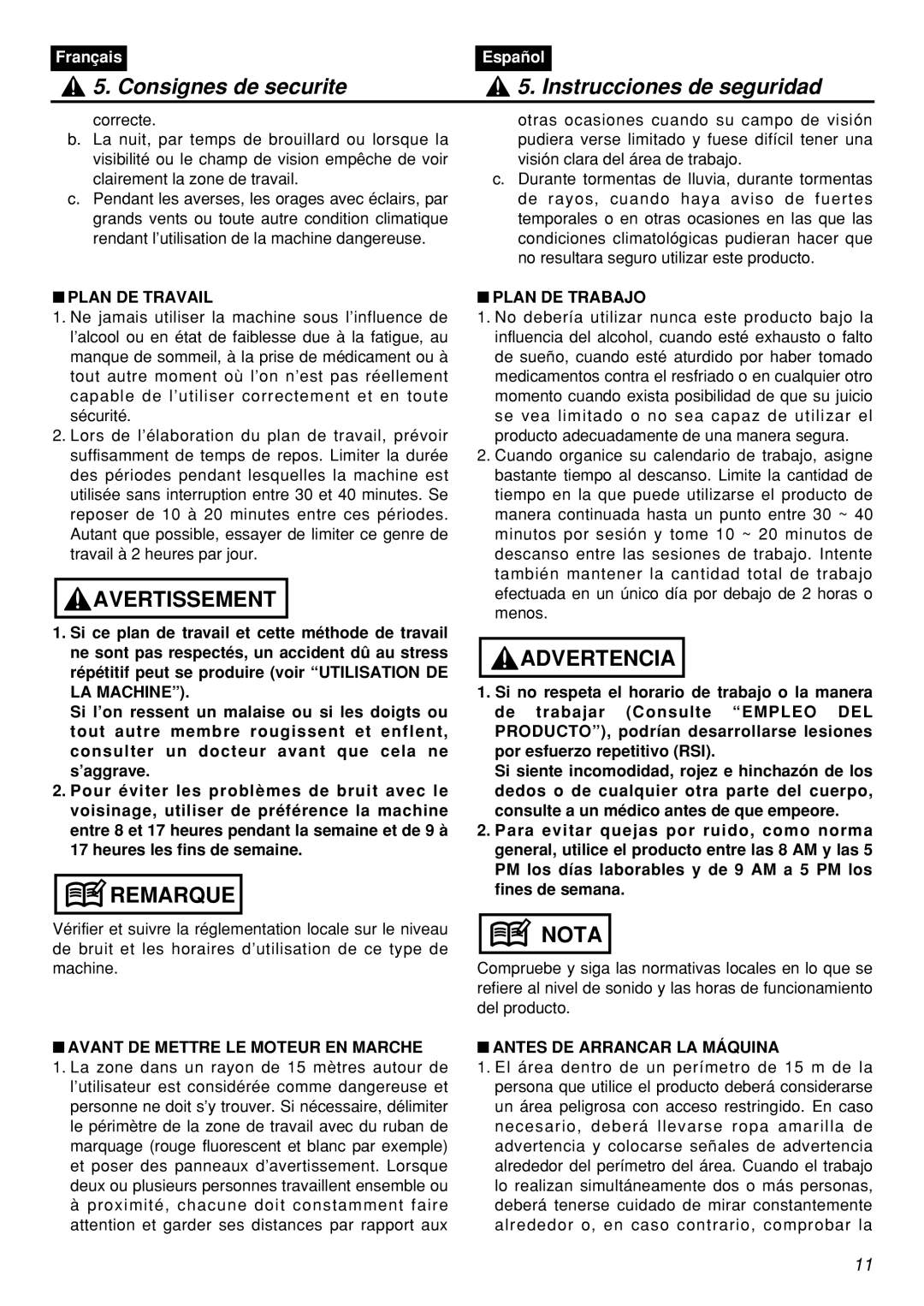 Zenoah HT2200 manual Plan DE Travail, Plan DE Trabajo, Avant DE Mettre LE Moteur EN Marche, Antes DE Arrancar LA Máquina 