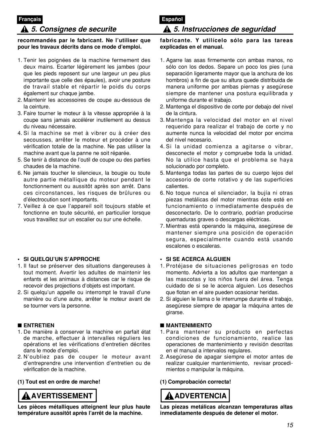 Zenoah HT2200 Consignes de securite Instrucciones de seguridad, Si Quelqu’Un S’Approche, Entretien, SI SE Acerca Alguien 