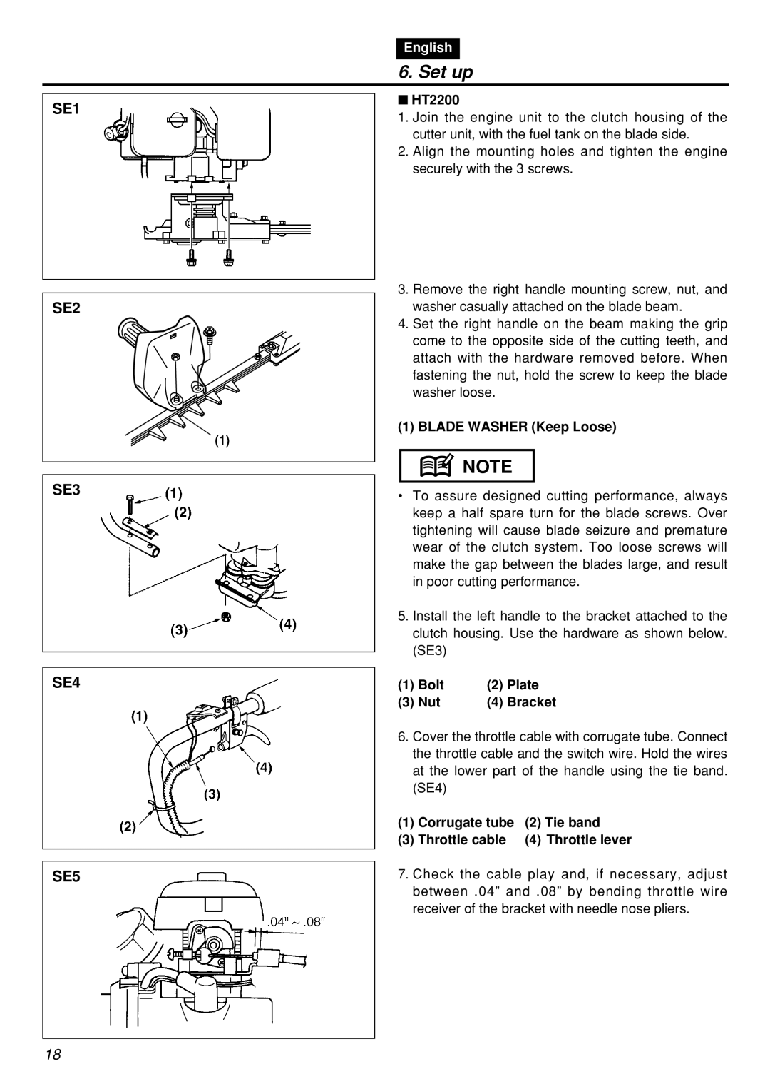 Zenoah HT2200 Set up, Blade Washer Keep Loose, Bolt Plate Nut, Corrugate tube 2 Tie band Throttle cable 4 Throttle lever 