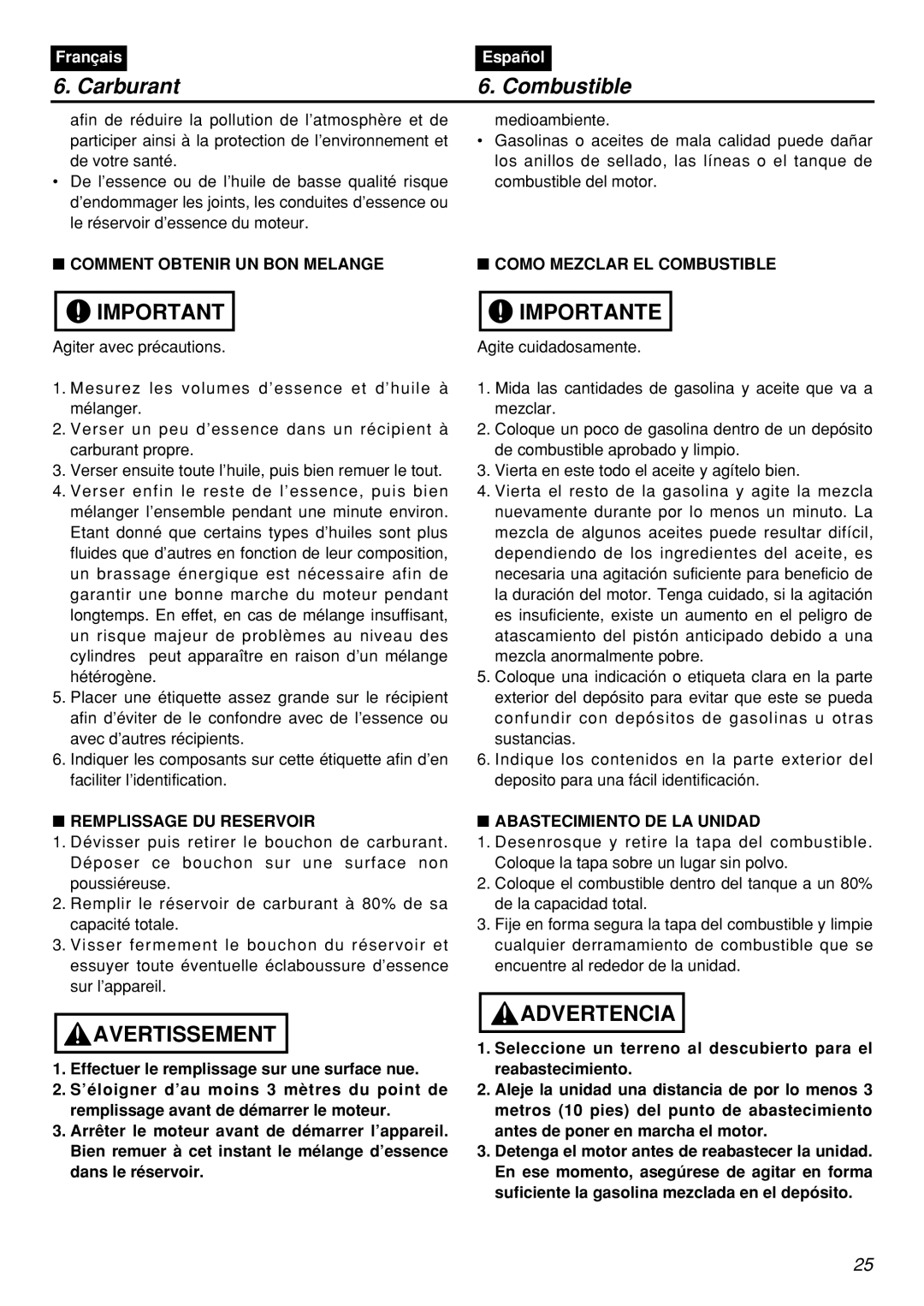 Zenoah HT2200 manual Comment Obtenir UN BON Melange Como Mezclar EL Combustible, Remplissage DU Reservoir 