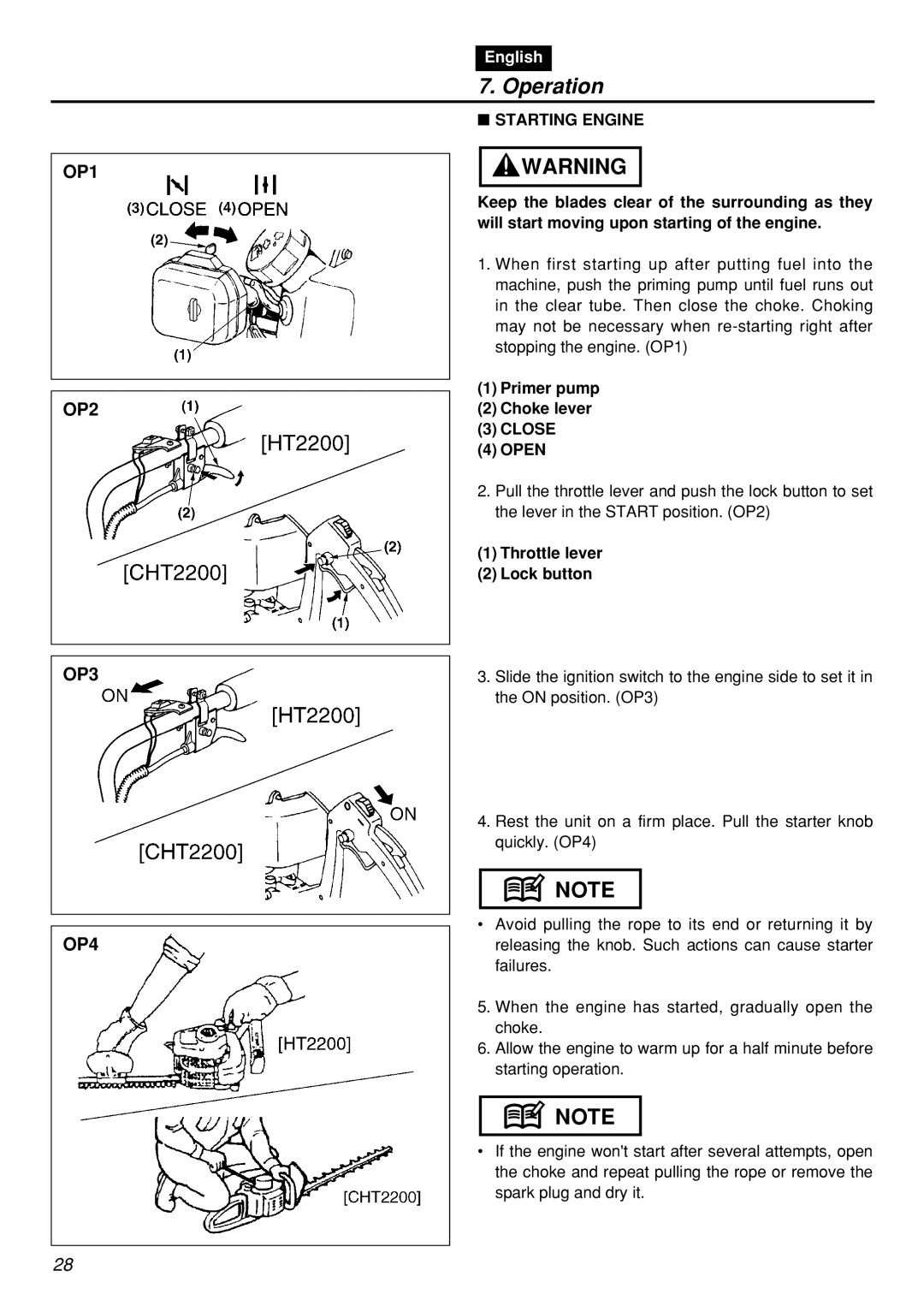 Zenoah HT2200 manual Operation, Starting Engine, Close 