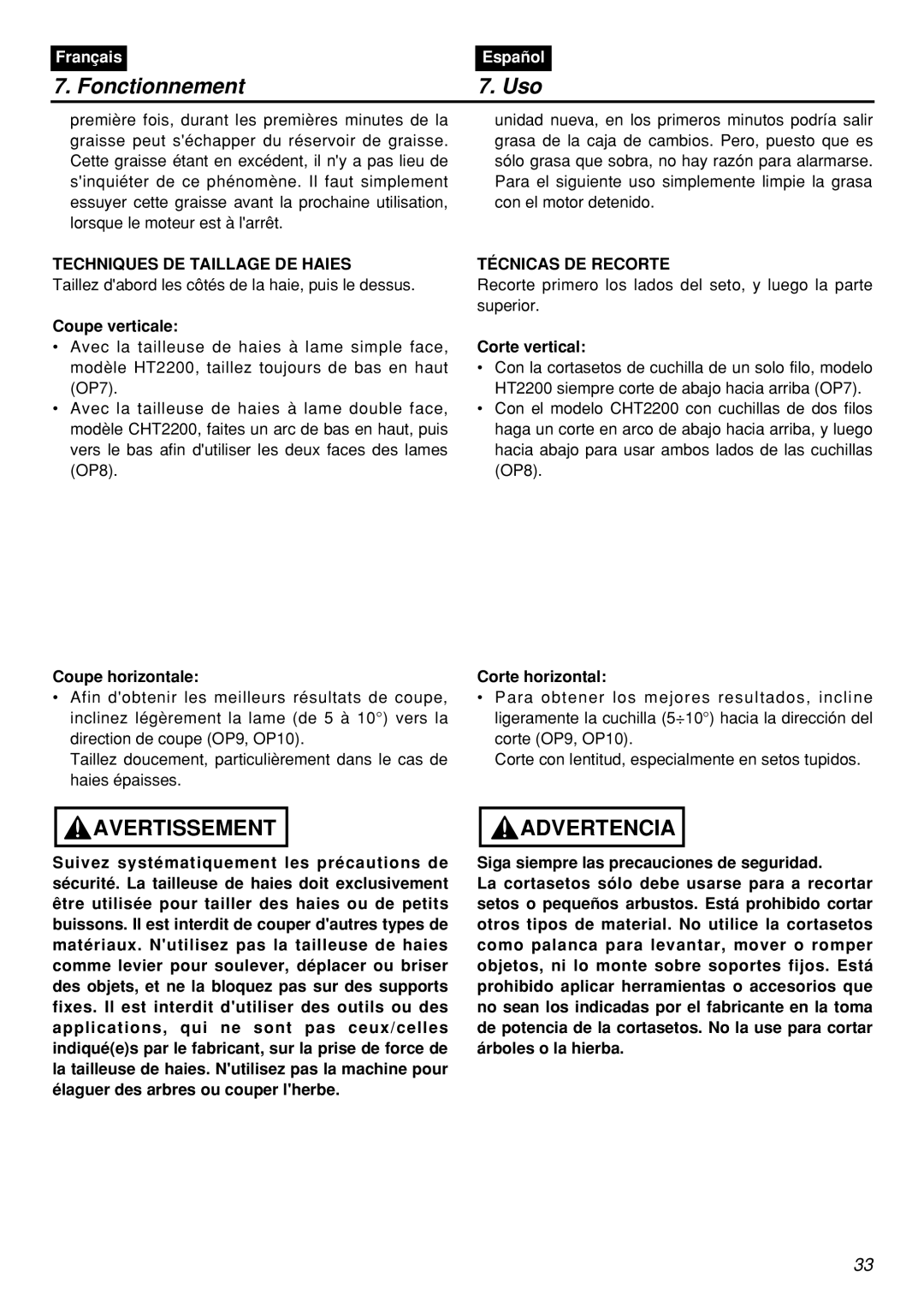 Zenoah HT2200 manual Techniques DE Taillage DE Haies, Técnicas DE Recorte 