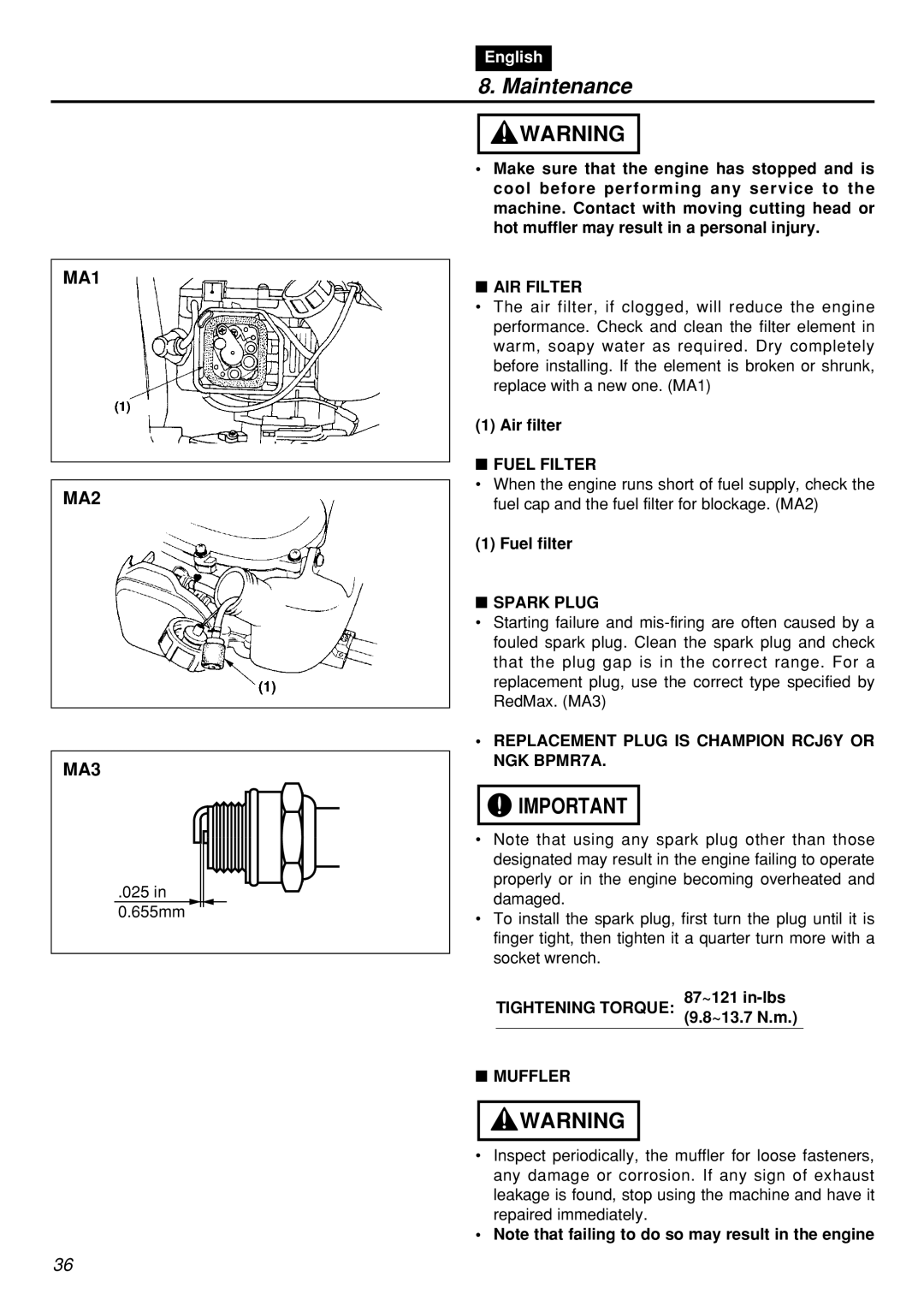 Zenoah HT2200 manual AIR Filter, Fuel Filter, Spark Plug, Replacement Plug is Champion RCJ6Y or NGK BPMR7A 