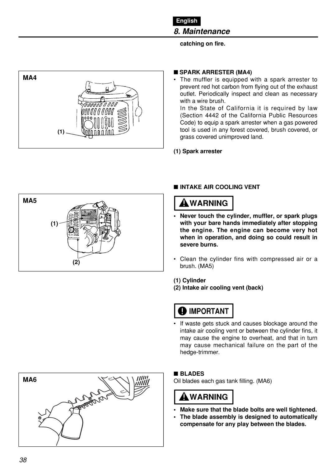 Zenoah HT2200 manual Spark Arrester MA4, Intake AIR Cooling Vent, Blades 