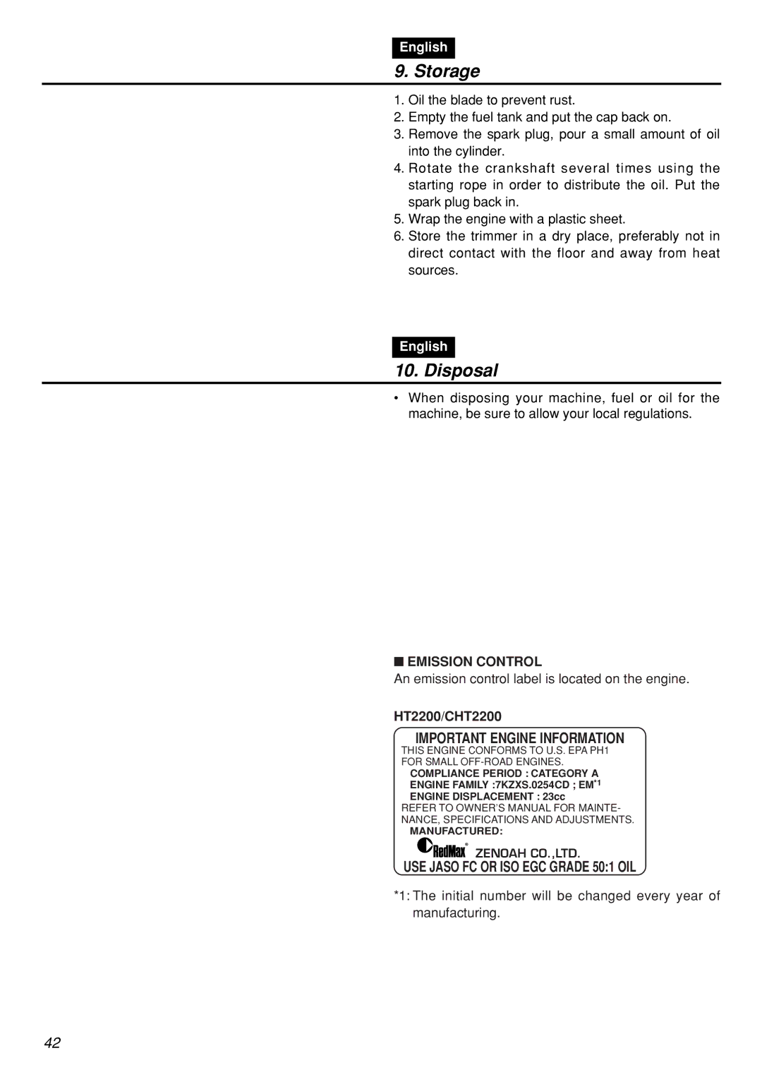 Zenoah manual Storage, Disposal, Emission Control, HT2200/CHT2200 