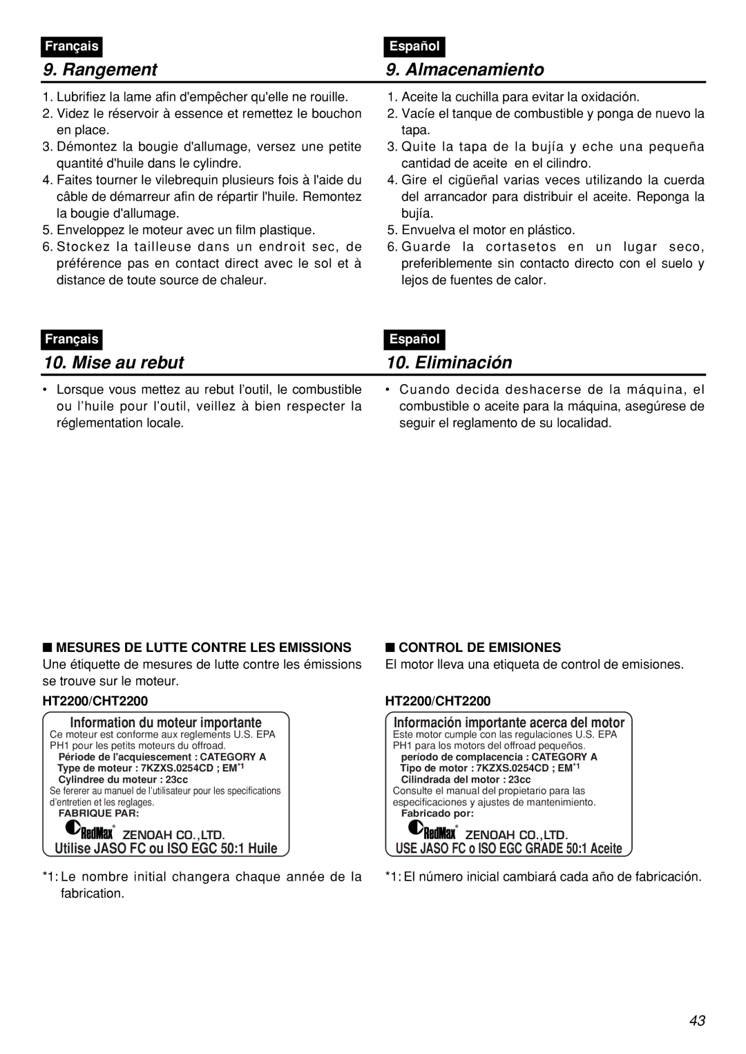 Zenoah HT2200 manual Rangement Almacenamiento, Mise au rebut Eliminación, Control DE Emisiones 