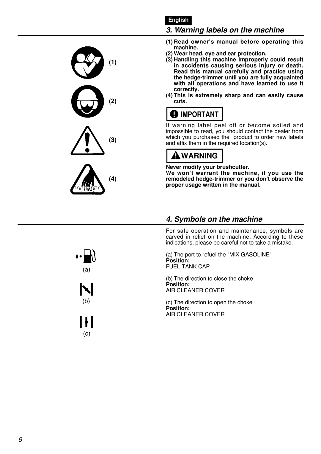 Zenoah HT2200 manual Symbols on the machine 