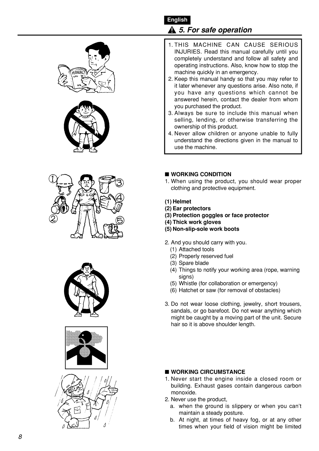 Zenoah HT2200 manual For safe operation, Working Condition, Working Circumstance 