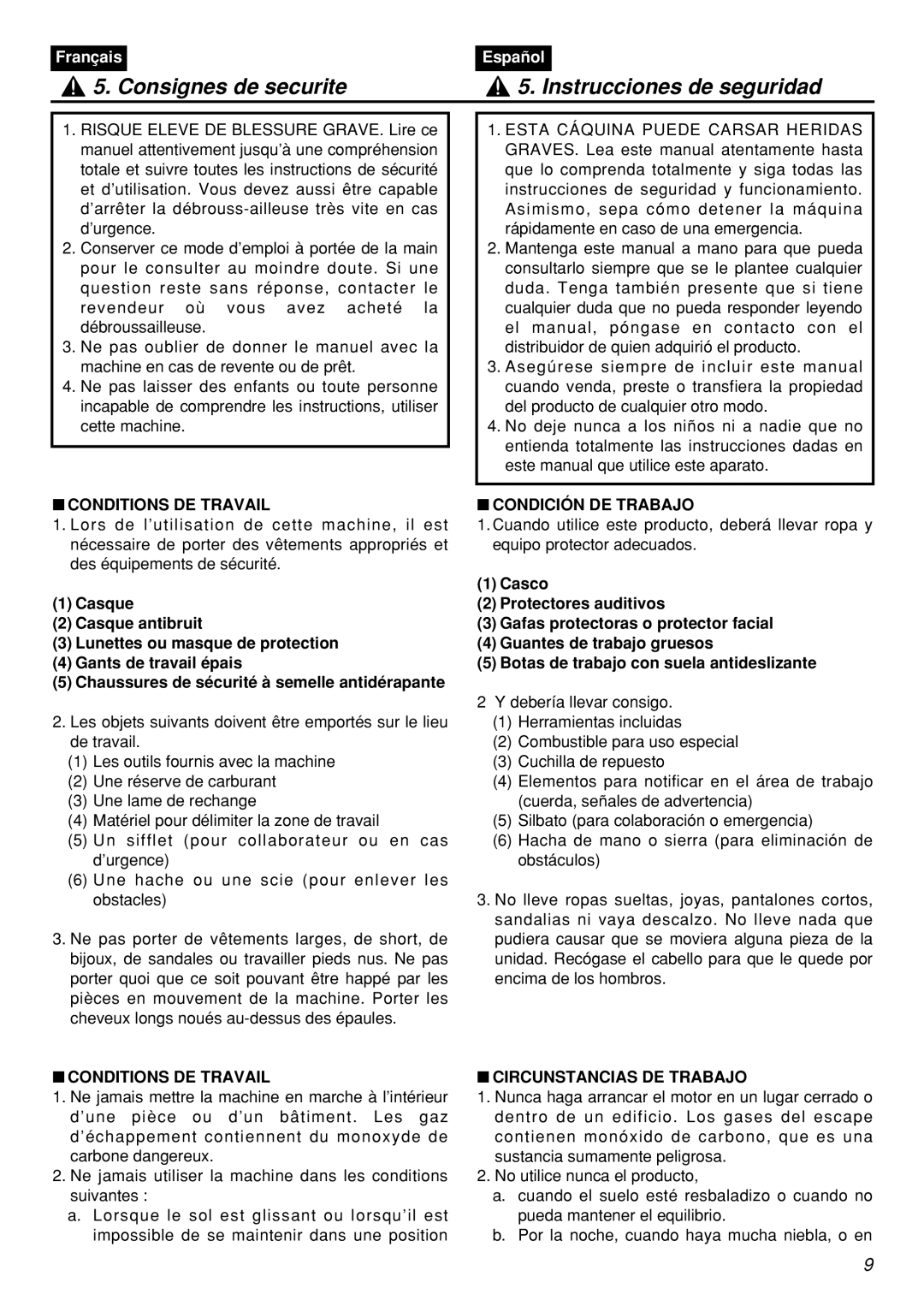 Zenoah HT2200 manual Consignes de securite Instrucciones de seguridad, Conditions DE Travail, Condición DE Trabajo 