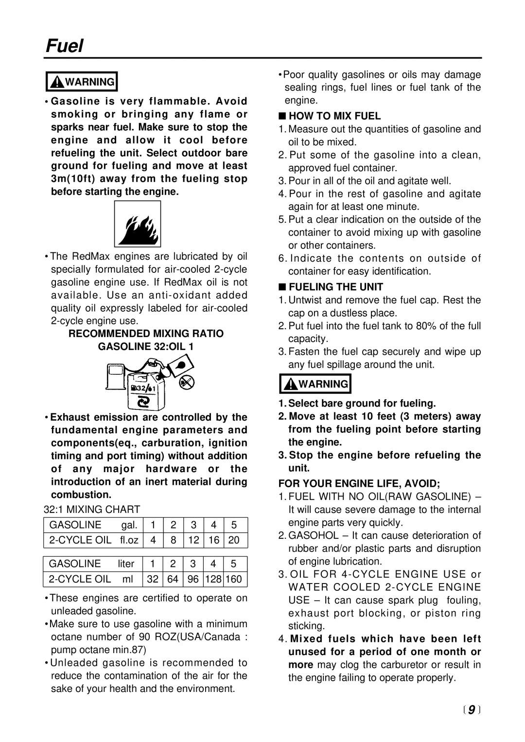 Zenoah CHT2300B, HT2300A, CHT2300L manual Recommended Mixing Ratio Gasoline 32OIL, HOW to MIX Fuel, Fueling the Unit 