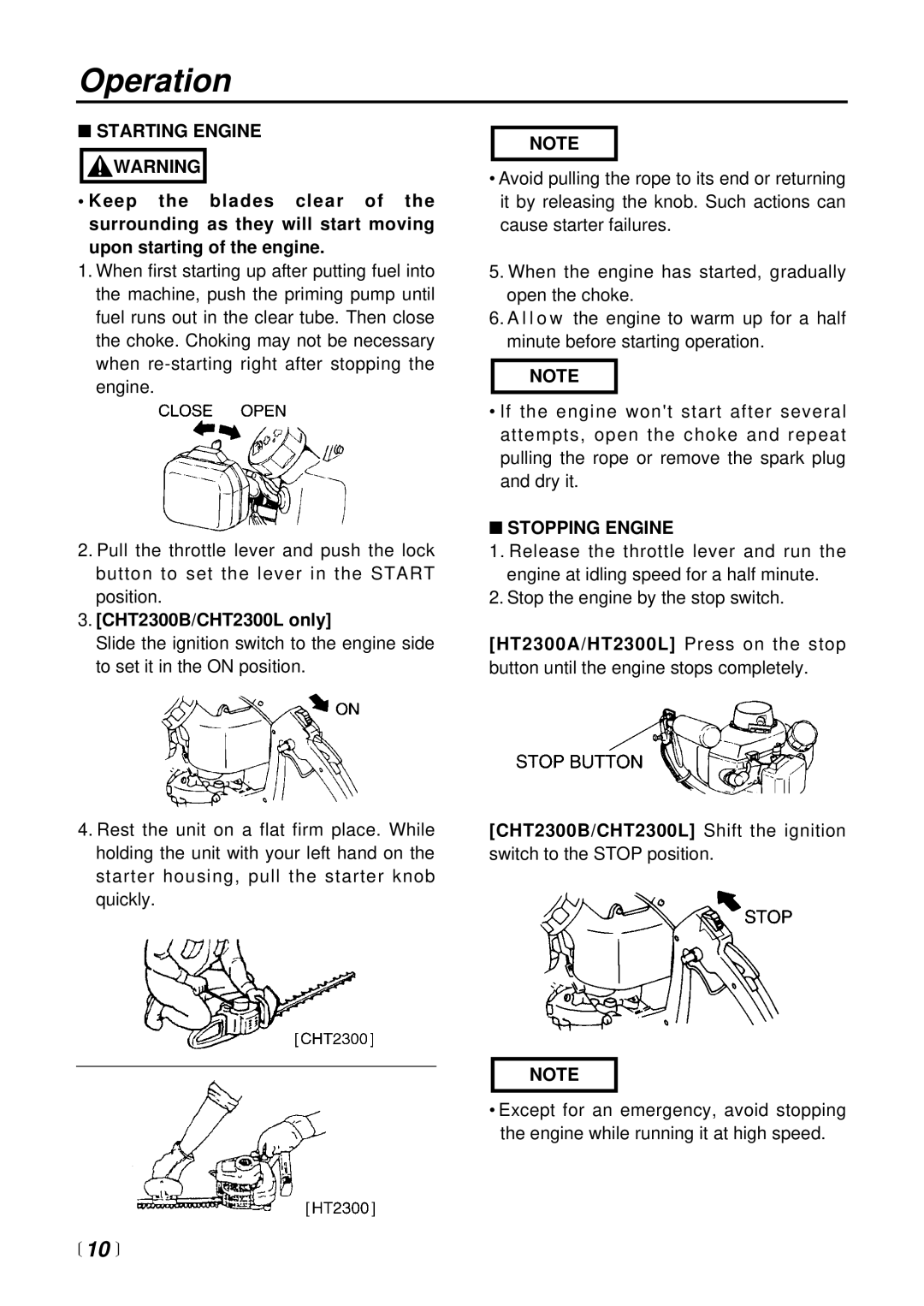 Zenoah HT2300A, CHT2300L, CHT2300B manual Operation, Starting Engine Warning, Stopping Engine 