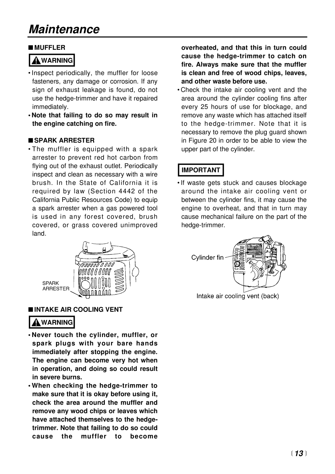 Zenoah CHT2300B, HT2300A, CHT2300L manual Muffler, Spark Arrester, Intake AIR Cooling Vent Warning 