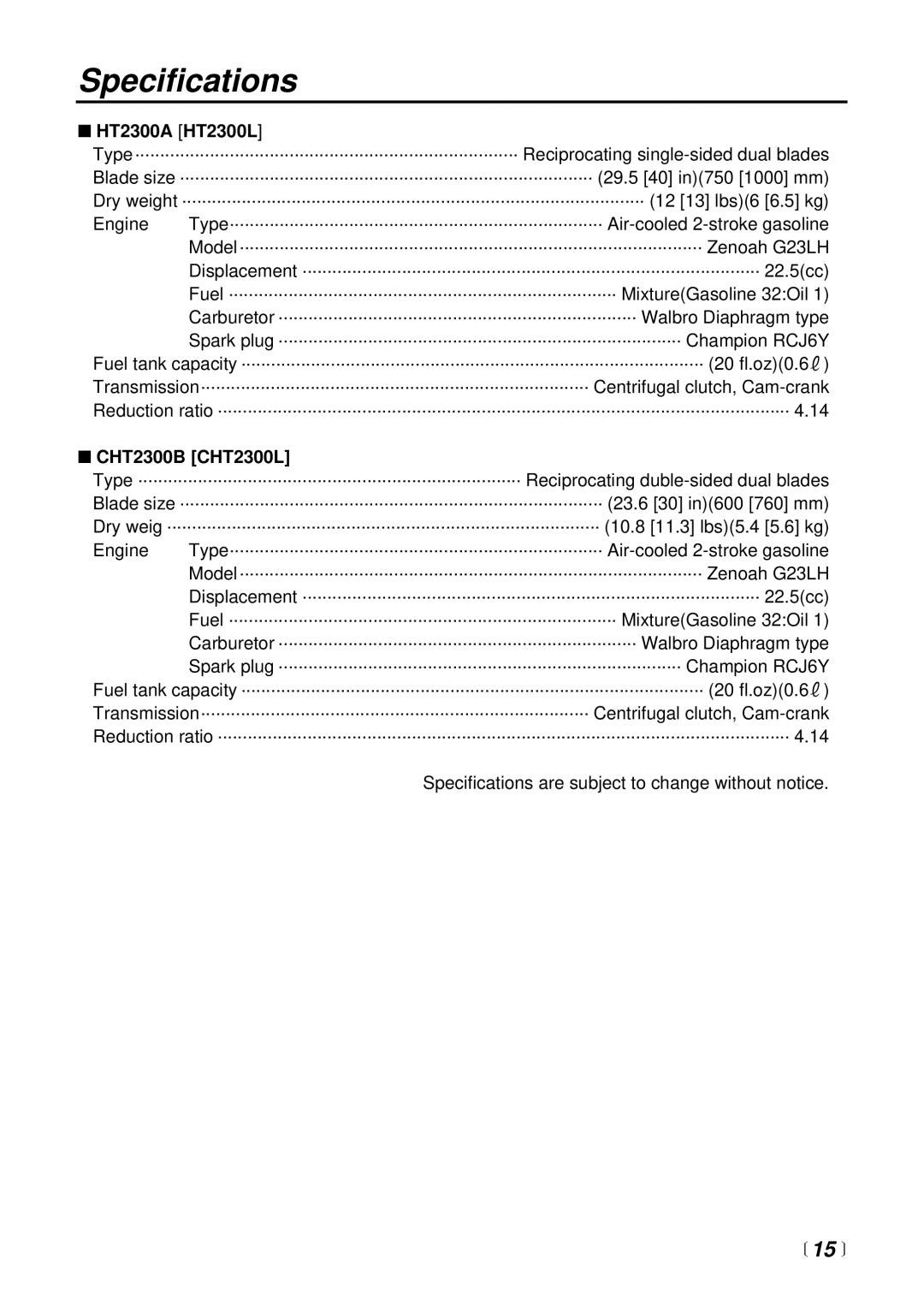 Zenoah CHT2300L, CHT2300B manual Specifications, HT2300A HT2300L 