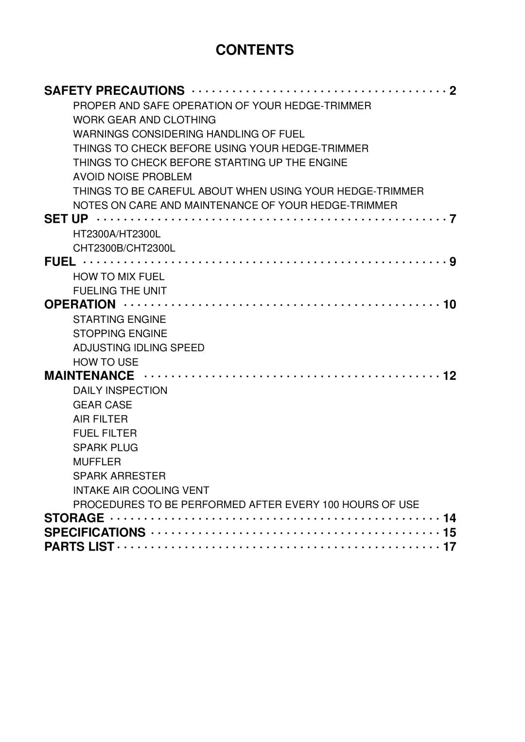 Zenoah CHT2300B, HT2300A, CHT2300L manual Contents 