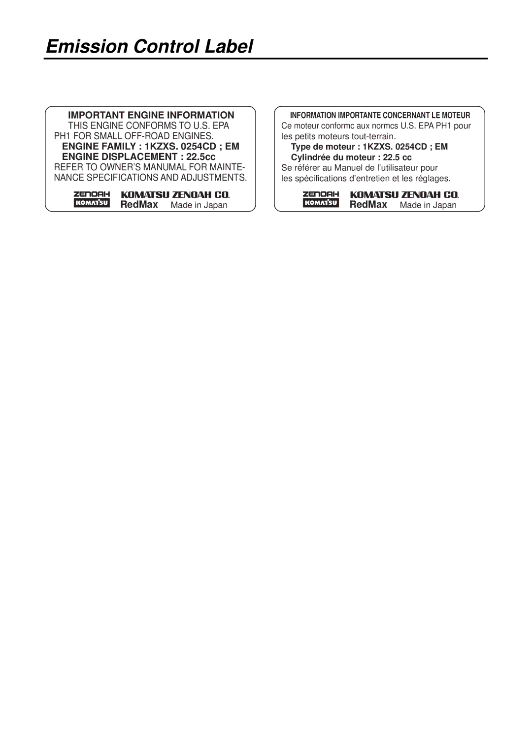 Zenoah CHT2300B, HT2300A, CHT2300L manual Emission Control Label, Engine Family 1KZXS CD EM 