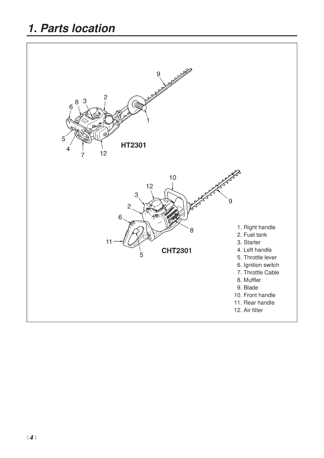 Zenoah CHT2301 manual Parts location,  4  