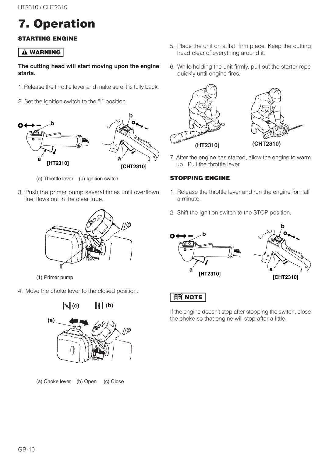 Zenoah CHT2310 Operation, Starting Engine, Cutting head will start moving upon the engine starts, Stopping Engine 