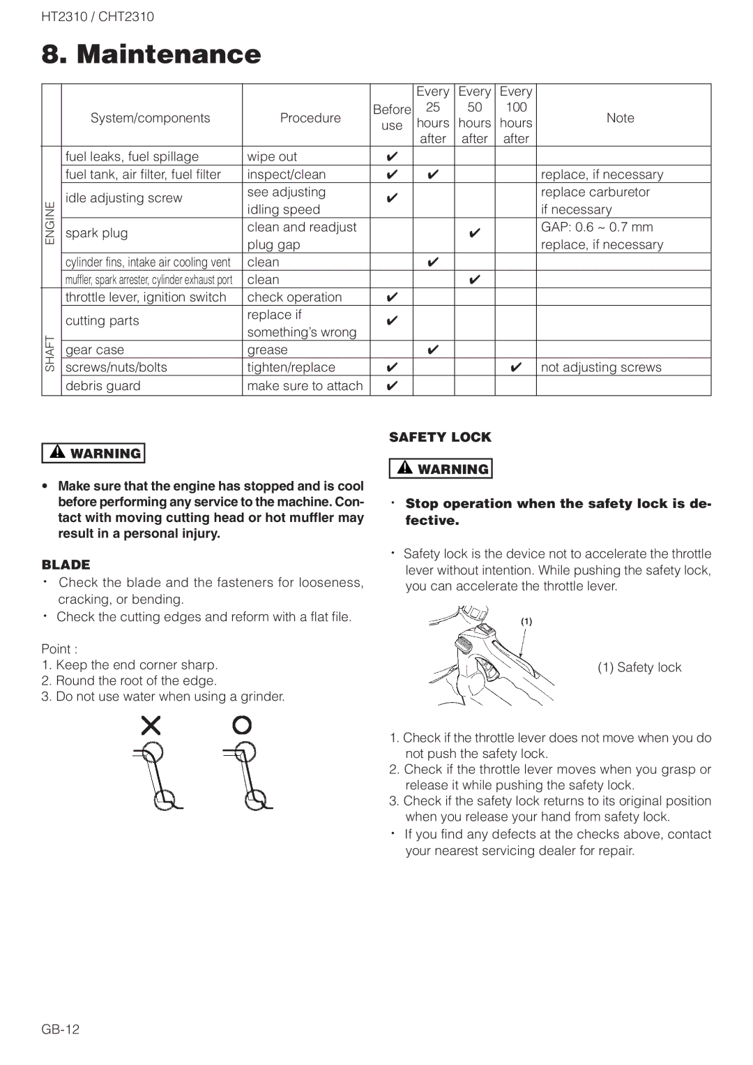 Zenoah CHT2310 owner manual Maintenance, Blade, Safety Lock, ･ Stop operation when the safety lock is de- fective 