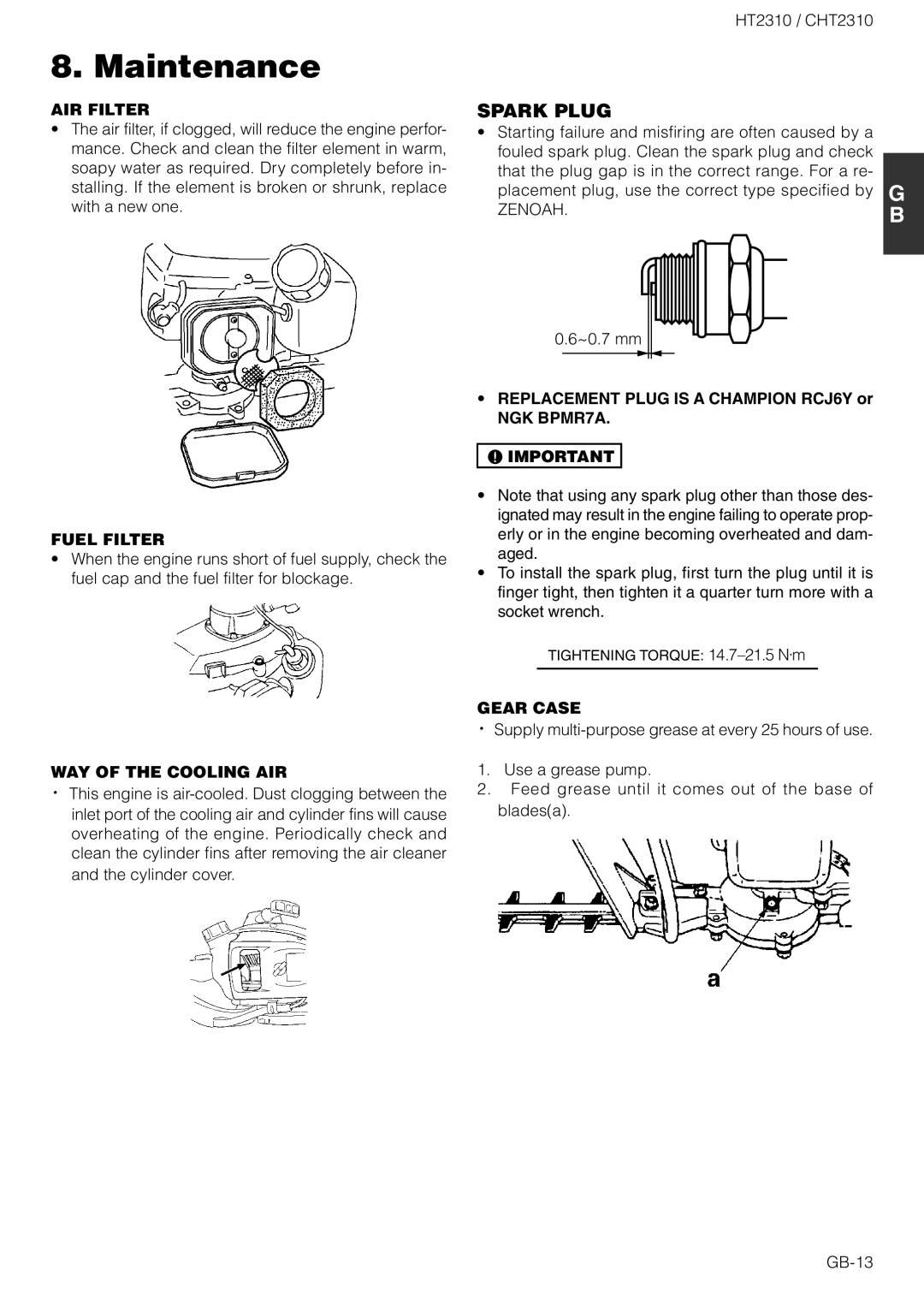 Zenoah CHT2310 AIR Filter, Fuel Filter, WAY of the Cooling AIR, Replacement Plug is a Champion RCJ6Y or NGK BPMR7A 