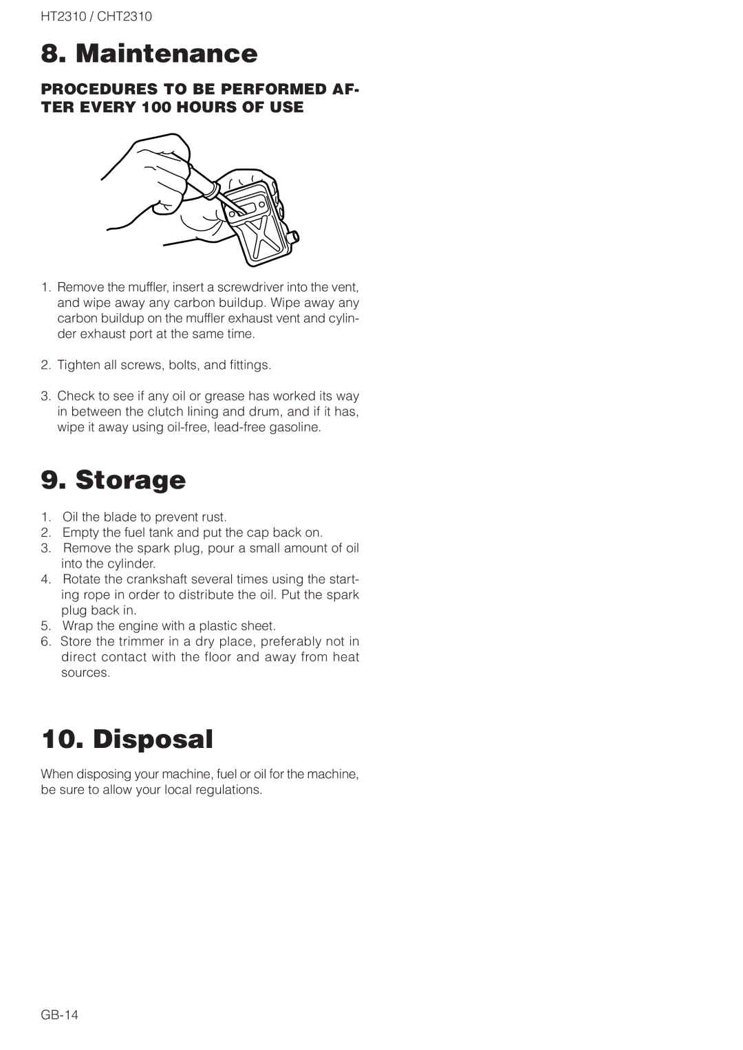 Zenoah CHT2310 owner manual Storage, Disposal 