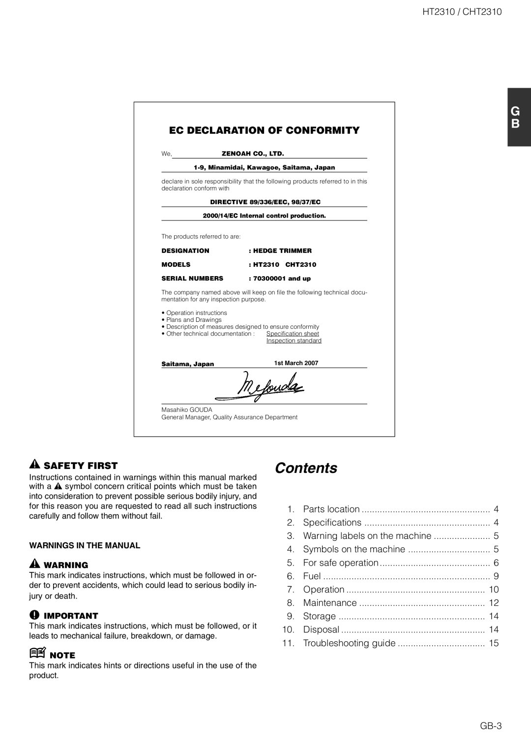 Zenoah CHT2310 owner manual Contents 